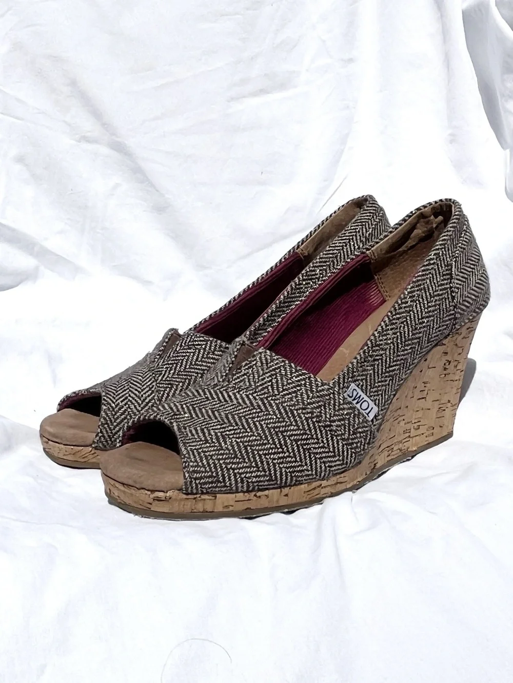TOMS Cork Wedge Heels Womens 7.5 Brown Herringbone Tweed Peep Toe 380813
